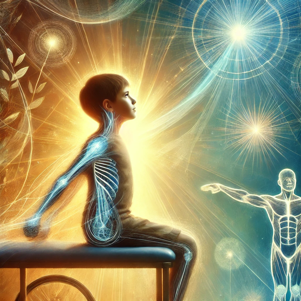 کاردرمانی و گفتاردرمانی برای دیستروفی عضلانی 1 DALL·E 2025 03 09 16.32.29 A powerful and hopeful depiction of a child with muscular dystrophy symbolizing resilience and progress. The child is sitting in a therapy session s کاردرمانی و گفتاردرمانی برای دیستروفی عضلانی