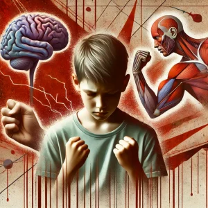 تفاوت اوتیسم و اختلال اضطراب و استرس DALL·E 2025-03-27 21.01.36 - A conceptual and realistic mixed-style image depicting physical anxiety symptoms in children. A child is shown with visible signs of stress_ sweating,